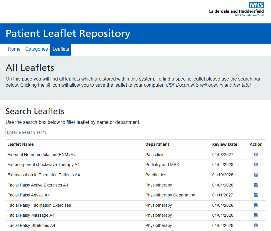 Patient Leaflet Repository leaflet search page